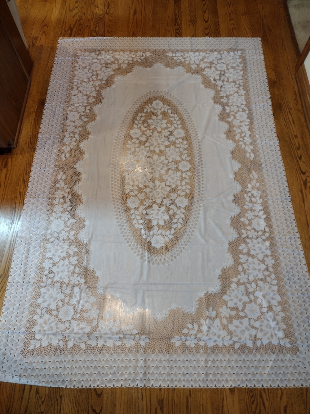 Square vinyl wipeable White Floral Lace Tablecloth length 90" x 60" new pretty